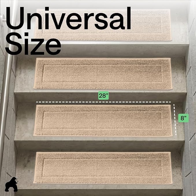 GORILLA GRIP Peel and Stick Stair Treads for Wooden Steps, Multi-Surface Use, Machine Washable Carpet Runners, Indoor Rugs for Stairs, Pet Friendly, Universal Size, 4 Pack Beige, 8x28 Inches