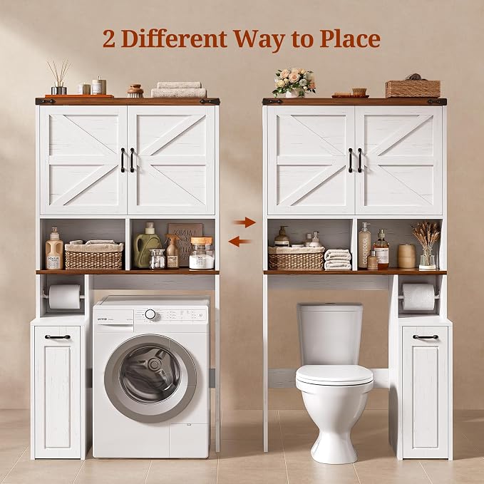 UPOSOJA Farmhouse Over The Toilet Storage Cabinet with Pulley Small Bathroom Storage Cabinet, Space Saver W/Adjustable Shelf & Open Shelf for Bathroom, Restroom, Laundry (White Brown-Type B)