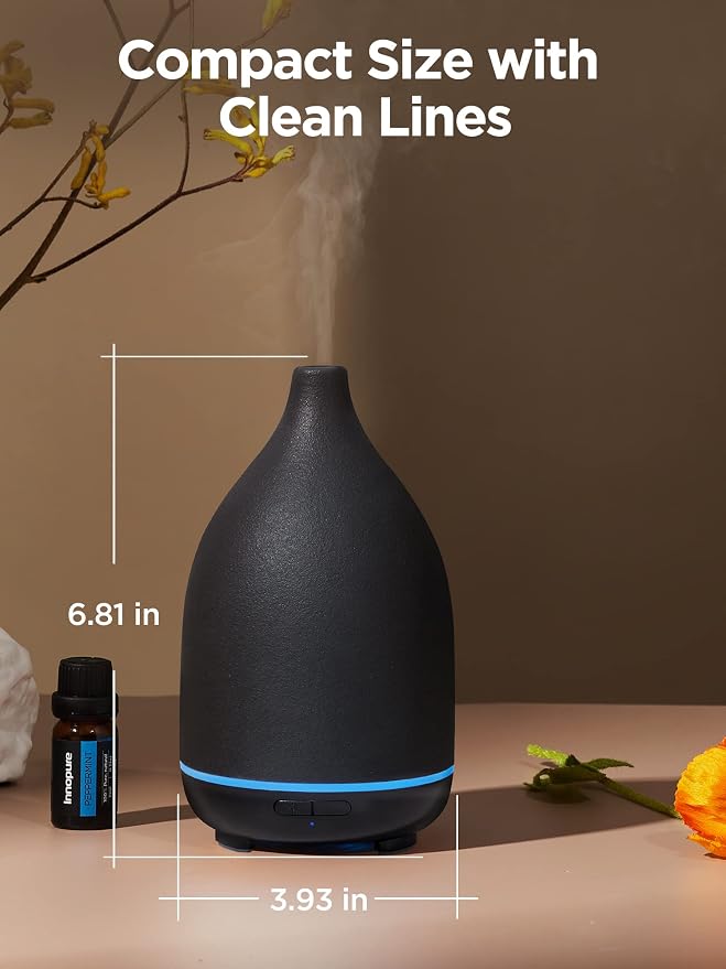 InnoGear Oil Diffuser, 150ML Ceramic Diffuser for Essential Oils Handcrafted Aromatherapy Diffuser Mother's Gift Ultrasonic Cool Mist Humidifier with 2 Mist Modes Waterless Auto Off for Home, Black