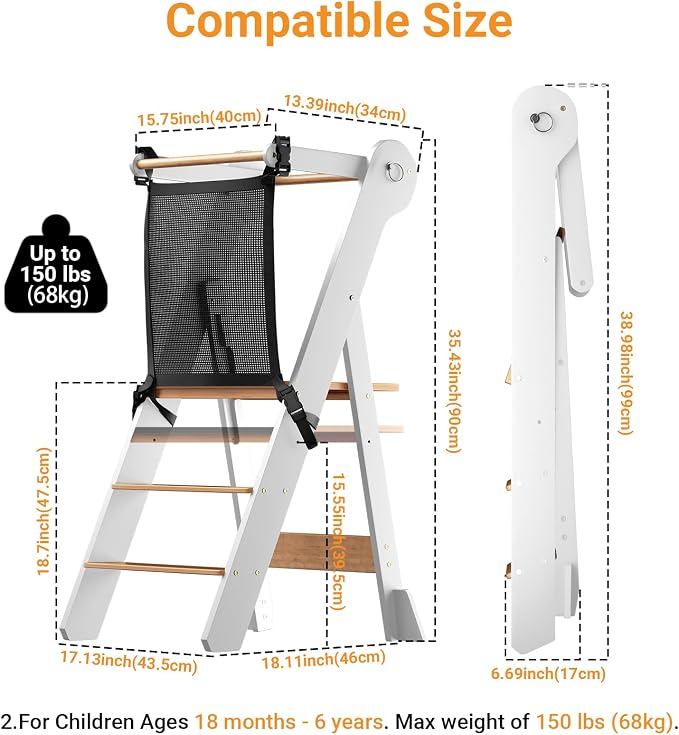COSYLAND Foldable Toddler Standing Tower - Adjustable Height Folding Step Stool Kids Toddler Kitchen Stool for Learning and Cooking - Ages 18 Months to 6 Years with Safety Net Natural & White