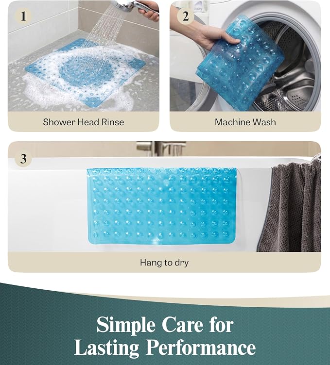 HITSLAM 21x21 Inch Square Shower Mat Non Slip, Anti Slip Bathtub Mat with Strong Suction Cups & Drainage Holes, Machine Washable Bathroom Floor Mat for Inside Shower Stall and Tub, Blue