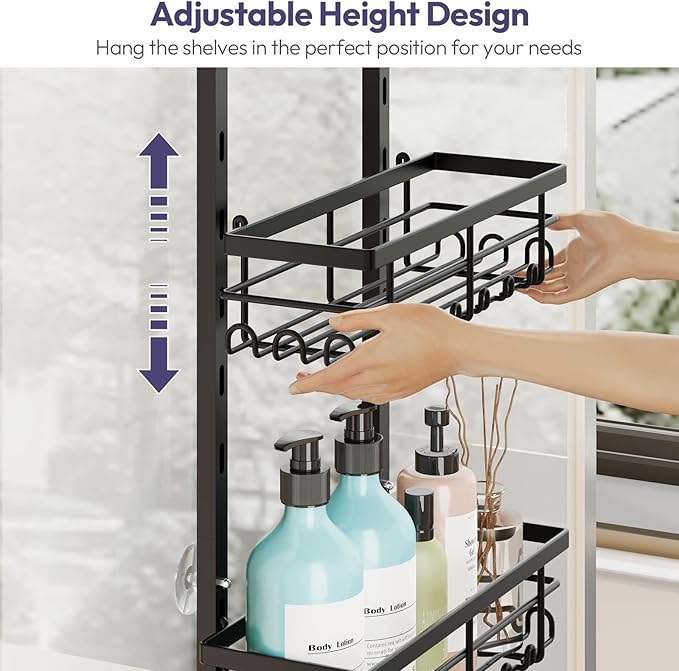 SWTYMIKI Over The Door Shower Caddy - 4 Tier Rustproof Hanging Shower Organizer with Adjustable Shelves, 40 Hooks & Soap Holder, Hanging Shower Rack Storage for Bathroom Accessories, Black