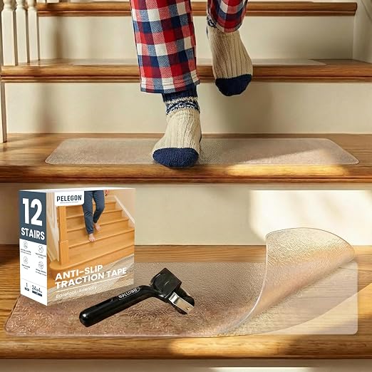 PELEGON Anti Slip Tape for Stairs Indoor (12 Stairs) 4"x24" Clear Grip Tape for Wood, Transparent Stair Grips with Roller, Fits Most Stair Surfaces, Non Slip Traction Strip for Seniors, Kids and Pets
