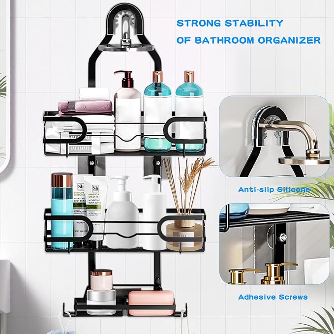 Shower Caddy Hanging, Shower Caddy Hanging Bathroom Shower Organizer, Long Bathroom Shower Organizer Hanger Rack with Hooks,Soap Holder