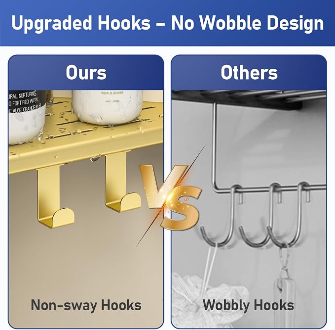 Corner Shower Shelf w/Hooks, Grout in Bathroom Shelves for Tiled Wall, 304 Stainless Steel Recessed Shower Shelf (Gold, 10''-2pcs)