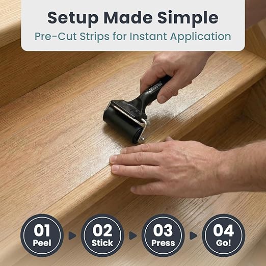 PELEGON Anti Slip Tape for Stairs Indoor (12 Stairs) 4"x24" Clear Grip Tape for Wood, Transparent Stair Grips with Roller, Fits Most Stair Surfaces, Non Slip Traction Strip for Seniors, Kids and Pets
