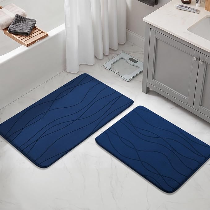 YIHOUSE Memory Foam Bathroom Rug Sets, Dark Blue, 17"x24"+20"x32", 2 Piece | Ultra Soft, Absorbent, Non-Slip, Machine Washable