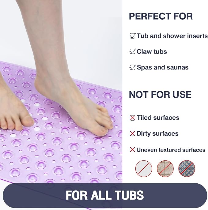 Extra Long Bathtub Mat Non Slip, Clear Purple Soft Bath Mat for Tub 40 x 16 Inch Full Size, Bath Tub Shower Mats for Bathroom Floor, Big Suction Cups and Drain Holes, Easy Washable, BPA Free