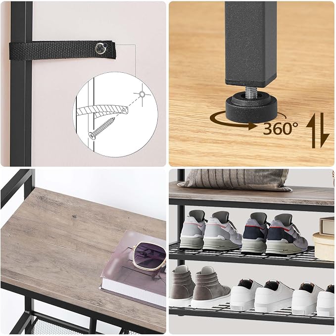 HOOBRO Hall Tree with Bench, Entryway Bench with Coat Rack, Mud Room Rack with 12 Double Hooks and Shoe Storage, Coat Tree, Shoe Organizer, for Foyer, Front Door, Greige and Black BG05MT01