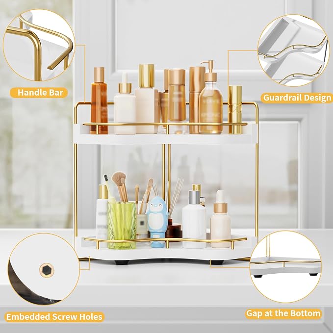 2-Tier Corner Bathroom Counter Organizer with Embedded Screw Holes, Secure & Stable Wood Vanity Shelf for Makeup and Skincare Essentials - Space Saving Bathroom Countertop Storage, White Gold