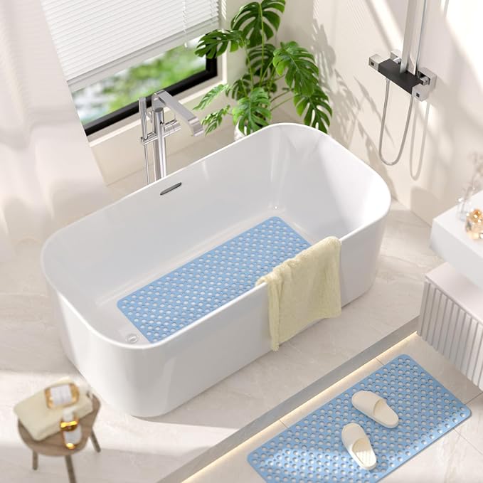 HITSLAM Bathtub Mat Non Slip, 35 x 16 Inch Long TPE Bath Mat for Tub, Efficient Drainage Bathroom Shower Mat with Suction Cups, Bath Tub Mat, Soft on Feet and Easy to Clean, Blue