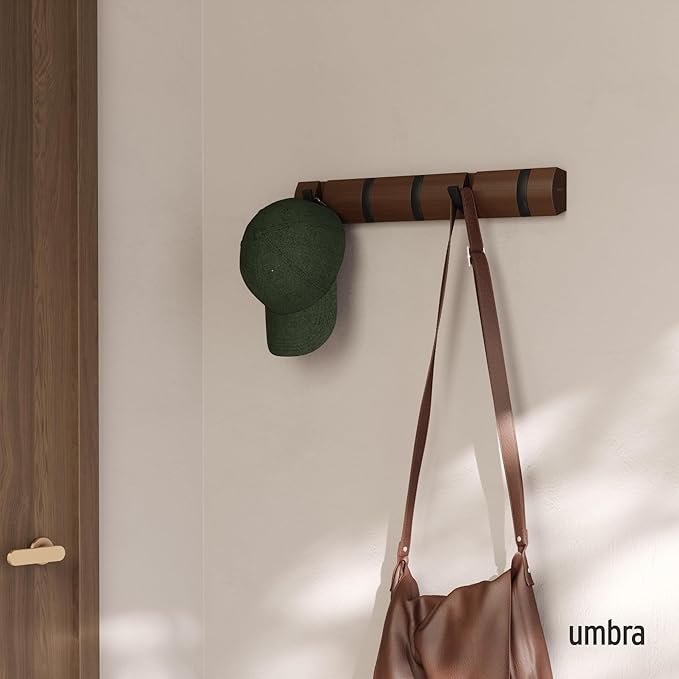 Umbra Flip Wall-Mounted Coat Rack with 5 Hooks – Modern, Space-Saving Storage for Hats, Jackets, Bags, Entryway, Mudroom, Closet, Bathroom, Bedroom – Black/Walnut