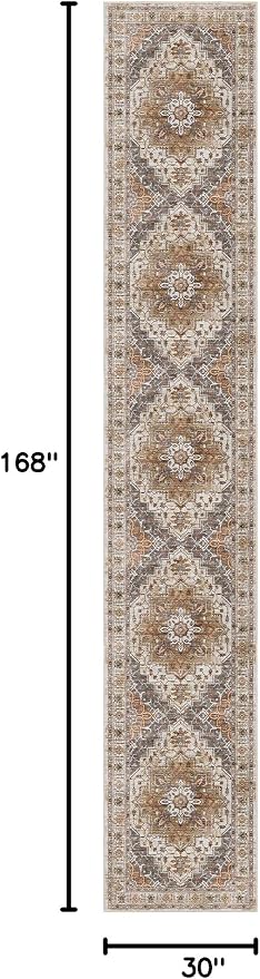 Madane Hallway Runner Rug 2'6''x14', Non Slip Vintage Runners for Hallways Washable Kitchen Rugs Soft Low Pile 2.5x14 ft Rug Runner for Laundry Room, Entryway and Bedroom, Turmeric/Grey