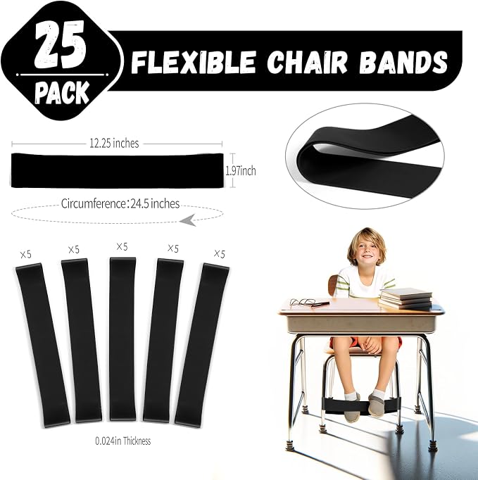 25 Pack Chair Bands for Kids with Fidgety Feet, ADHD Tools for Kids, Improve Focus & Reduce Restlessness, Chair Bands for Sensory ADHD ADD Autism - Classroom & Home Must Haves (Black)