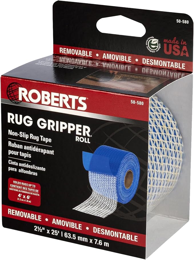 ROBERTS 50-580 Roll of Indoor Traction Anti-Slip Gripper Rug Strip Tape for Small Rugs, 2-1/2” x 25 ft, Blue