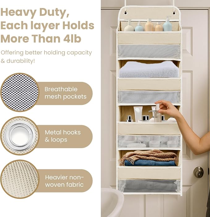 Over the Door Organizer with 4 Side Mesh Pockets, 4 Shelf Capacity Hanging Behind the Door Kitchen Organizers and Storage Suitable for Storing Toys, Shoes, Towels, Lvoy White, 4 Shelf