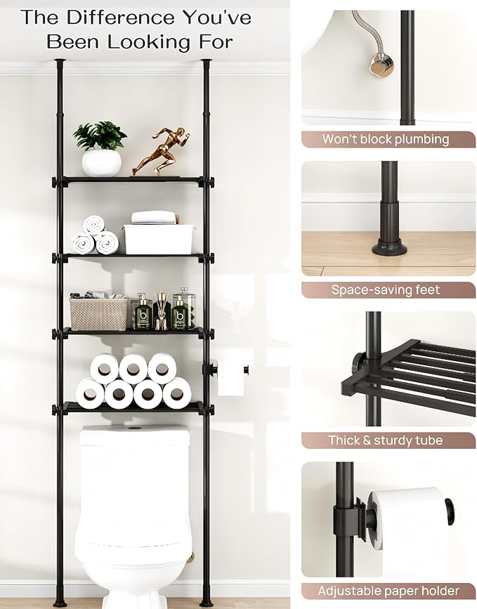 ALLZONE Adjustable Over The Toilet Storage Shelf, 4-Tier Ample Bathroom Organizer and Storage, Tension Mounted Above Toilet Storages Cabinet for Versatility, Fits 66-113 Inch Heights, Matte Black