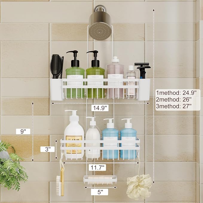 Shower Caddy Hanging for Bathroom Organizers and Storage, 3 Tier Adjustable Anti-Swing Shower Organizer hanging with Heavy-Duty Suction Cups, Damage-Free Rustproof (White)