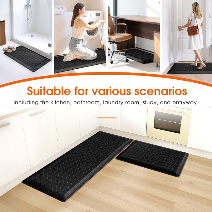 TranquilRelax 4/5 Inch Thick Anti-Fatigue Kitchen Mats 2Pcs, Cushioned Non-Slip Waterproof Sink & Stove Floor Mats, Comfortable Standing Rug Set for Kitchen, Laundry & Entryway, Black
