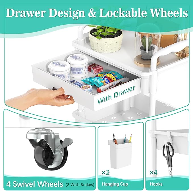SUNALLY 4 Tier Rolling Utility Cart with Drawer, Storage Organizer Cart with 2 Lockable Wheels, Multifunctional Rolling Storage Cart for Bathroom, Kitchen, Craft, Makeup, Baby Essentials, White