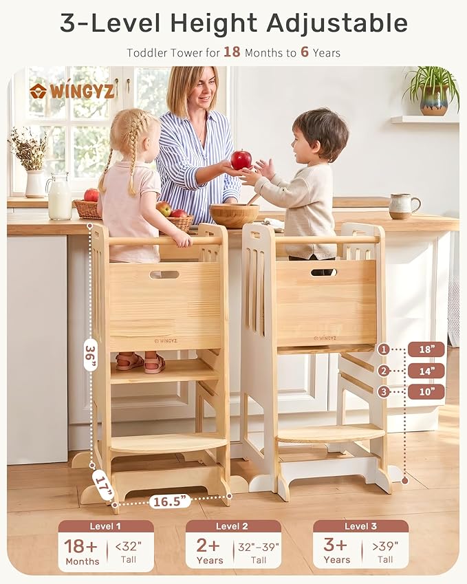 WINGYZ Toddler Tower - Anti-Tip Natural Wood Learning Stool Helper for Kids 18M-6Y, 150lb Capacity Kitchen Stool with 3-Height Adjustable Platform and Sliding Door Access, 20lb Portable Design, Wood
