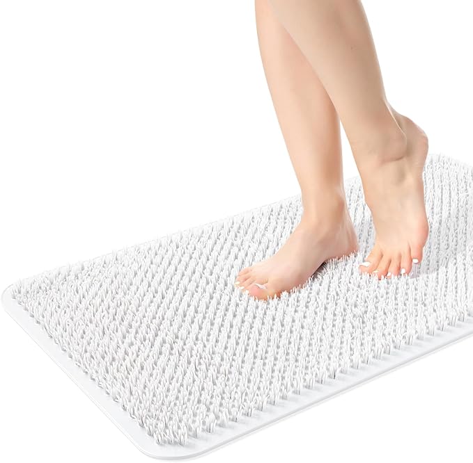 Yolife Shower Foot Scrubber Mat, Anti-Slip Bath Mat with Scrub Bristles, Soft Shower Foot Massager with Strong Suction Cups for Soothe Achy Feet (White, 27.5" x 15.7")