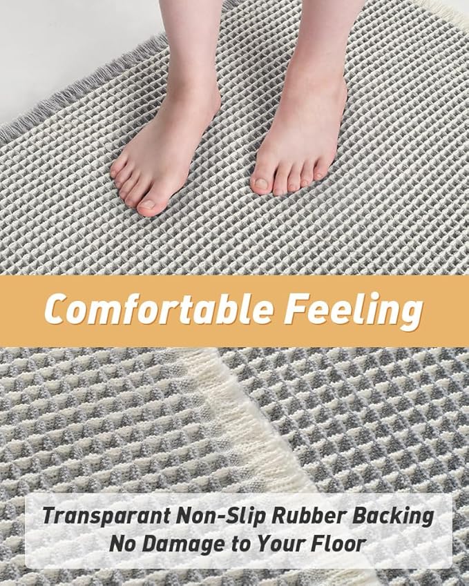 Upgraded Waffle Bath Mat, Super Absorbent Non Slip Bath Mats for Bathroom Floor, Machine Washable Bathroom Rugs with Tassels, Rubber Backed Bathroom Mats, Ultra Soft, 18" x 30",LightGrey & Cream