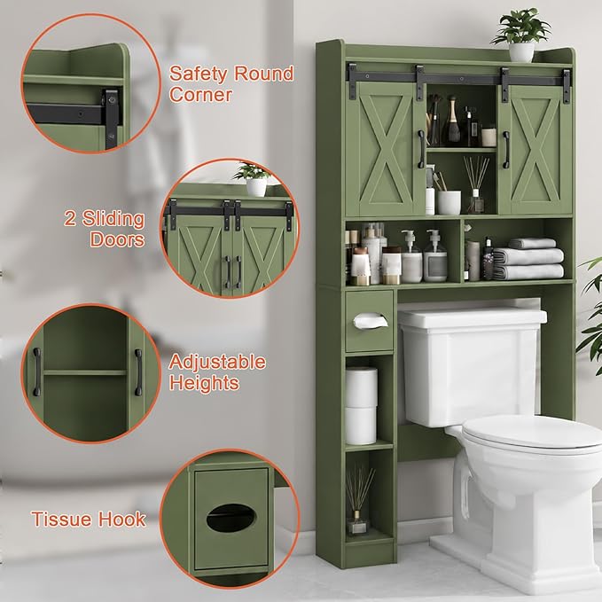 Vabches Over The Toilet Storage Cabinet, Farmhouse Storage Cabinet Over Toilet with Sliding Doors，Home Space-Saving Toilet Rack, for Bathroom, Restroom, Laundry, Green