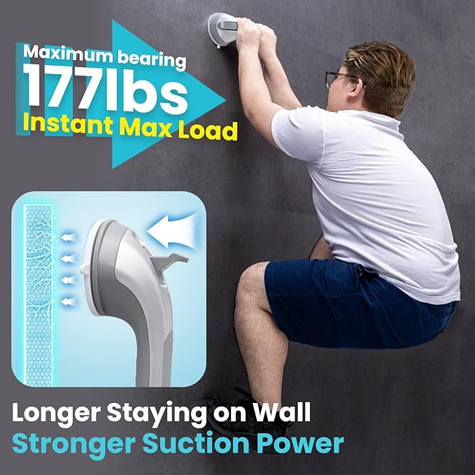 TAILI Shower Handles for Elderly Suction, 2 Pack 12 Inch Shower Grab Bars for Seniors, Grab Bars for Bathtubs and Showers, No Drilling Removable Safety Shower Grip, Silver,G9
