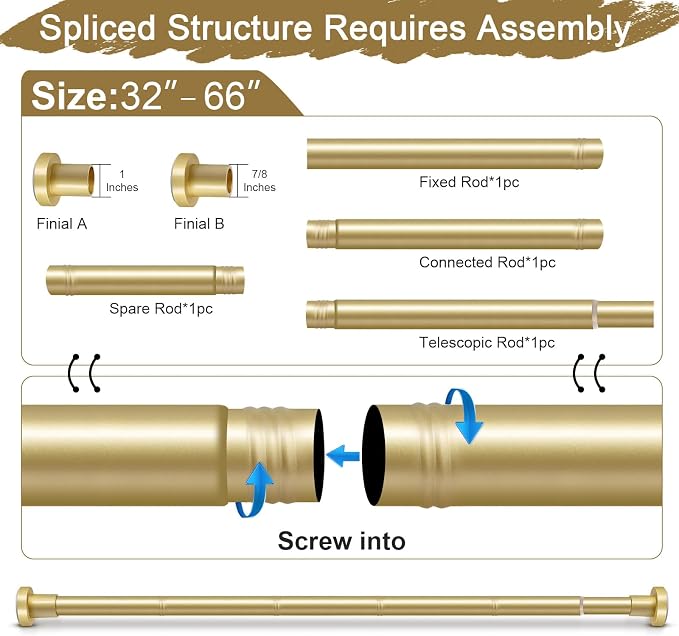 YNL Gold Shower Curtain Rod 32-64 Inch(2.7-5.33ft), Non-Slip, Never Rust, Stainless Steel No Drill Spring Tension Shower Rod, Adjustable Curtain Rod for Small Window Doorway Closet