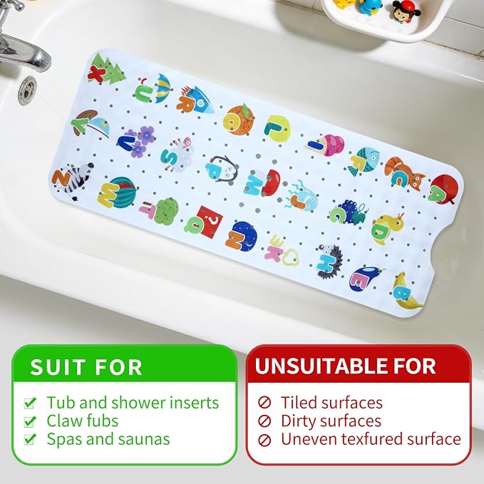Baby Bath Mat for Tub Non Slip Kids Bathtub Mat Extra Long 40X16 Inch Toddler Bath Tub Shower Mat Anti Slip with Suction Cups & Drain Holes, Machine Washable (Alphabet)