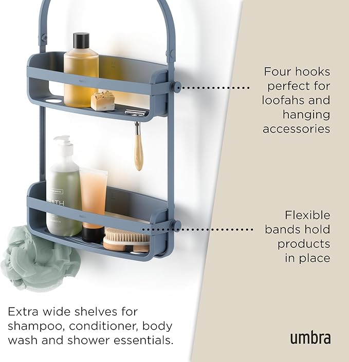 Umbra Flex Hanging Shower Caddy with 2 Shelves, Bathtub Shelf and Bathroom Organizer, Slate Blue