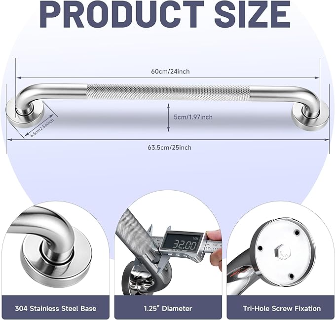 24 Inch Shower Grab Bar, Brushed Nickel Anti Slip Safety Bars, 304 Stainless Steel Bathroom Handrail, Handicap Grab Bars for Wall, Shower Grip Handle for Seniors Elderly Injury Assist Bath (1.25" Dia)
