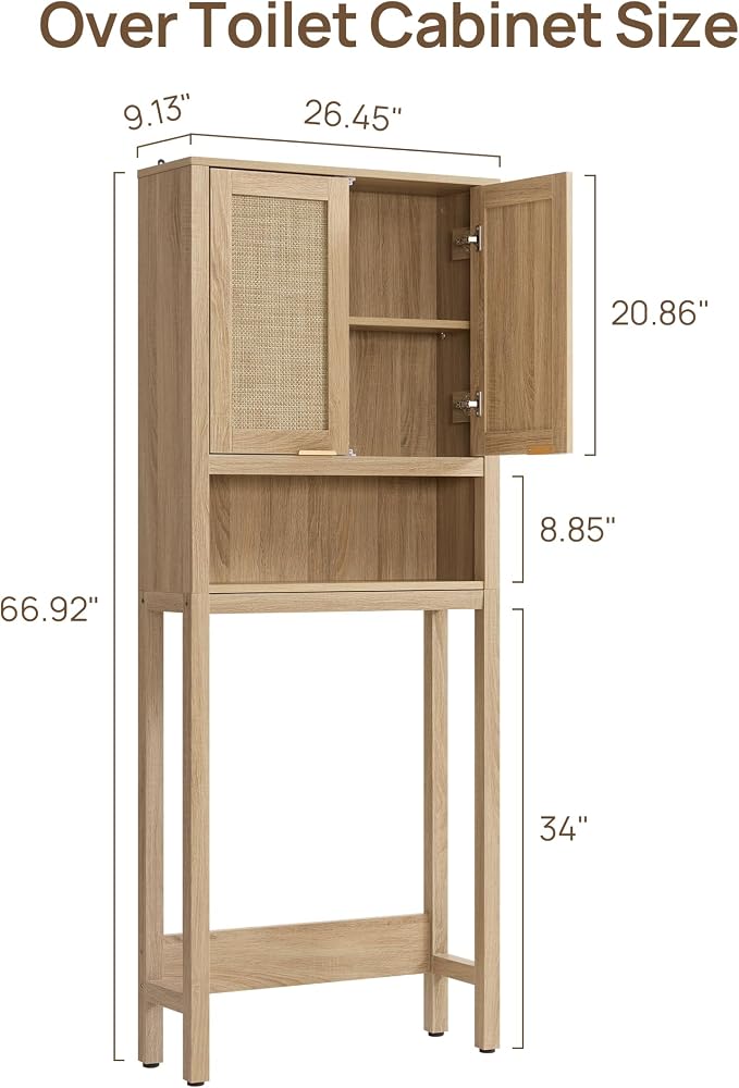 SICOTAS Over The Toilet Storage Cabinet with Rattan Door, Freestanding Bathroom Organizer with Adjustable Shelf, Space Saver Cabinet for Bathroom, Laundry Room, Restroom