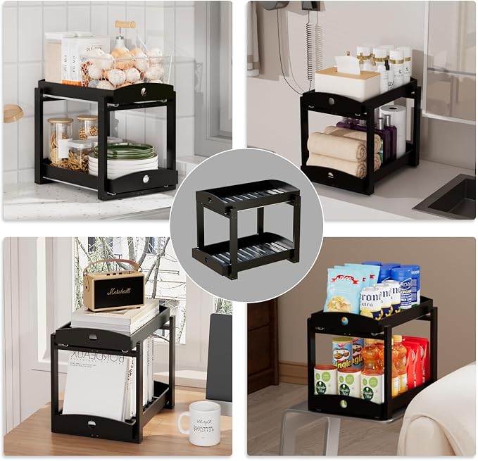 APRTAT 2 Pack Under Sink Organizer, Bamboo Wooden 2-Tier Pull-Out Storage with Sliding Drawers for Kitchen and Bathroom Cabinets, Easy Installation (Black)