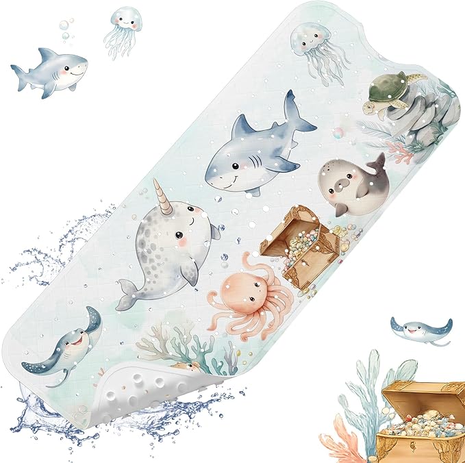 XIYUNTE Baby Bath Mat for Tub Non Slip Kids, BPA Free Extra Long Bathtub Mat 40x16 with Drain Holes and 200 Suction Cups, Non Toxic Machine Washable Toddler Bath Mat, Eco-Friendly Certified