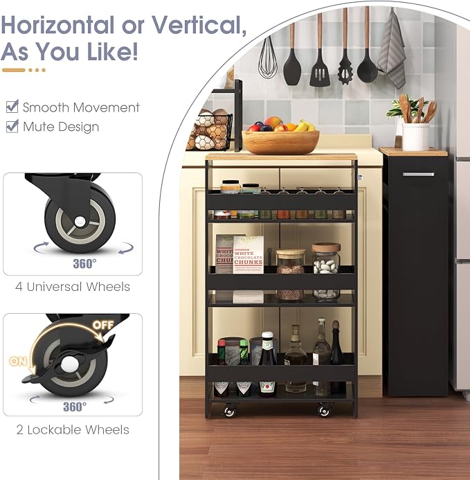 Giantex 4 Tier Rolling Slim Storage Cart, 8" Narrow Slide Out Kitchen Cart w/Handle & Open Shelves, Space-Saving Compact Mobile Utility Trolley for Small Space Laundry Room (Black & Natural)
