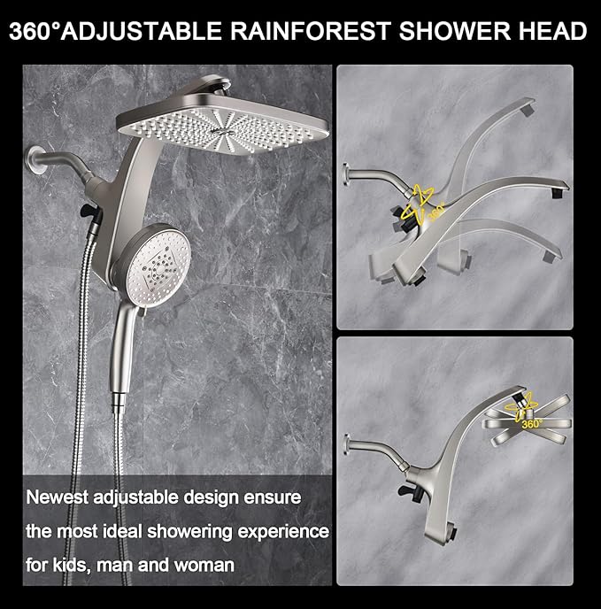 BOZYBO Rain Shower Head with Handheld: High Pressure Shower Heads with Handheld Spray Combo, 12" Rainfall Shower Head and 9 Sprays Hand Showerheads with Magnetic Docking and Power Jets, Nickel