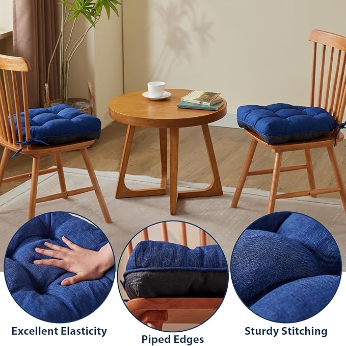 IASEAHK Chair Cushions for Dining Chairs, Seat Cushions for Kitchen Chairs, Indoor Seat Cushions with Ties, Tufted Foam Chair Pads, Non Slip Chair Cushions Set of 2, 15.5" x 15.5" x 4", Navy Blue
