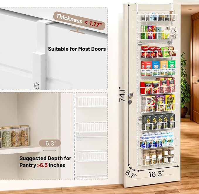 ElegantArray 9-Tier Pantry Door Oragnizer, Over The Door Pantry Organizer Rack and Storage, Hanging Spice Rack Shelves Door, Home Office Laundry Room Bathroom & Kitchen Organization, White