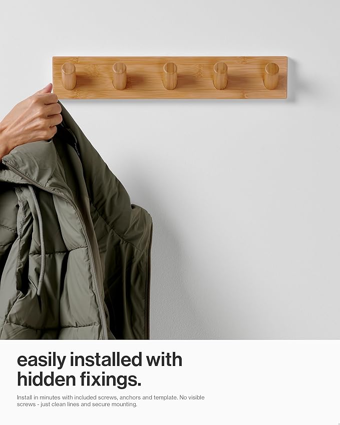LARHN Wall Mounted Coat Rack with 5 Heavy-Duty 1" Diameter Hooks, 16.5" - Wooden Wall Hook Rack - Modern Scandinavian Home Decor