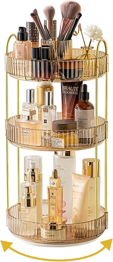 Asayuee 360 Rotating Makeup Organizer,3 Tier Large Capacity Make Up Organizers and Storage,Skincare Perfume Vanity Organizers,Bathroom Cosmetics Storage Organizer Countertop(Gold)