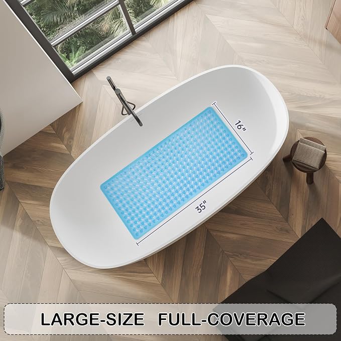 Non-Slip Bathtub and Shower Mats, Power Grip Bath Mat 35 x 16.3 Inch with Suction Cups and Drain Holes for Tub Bathroom Floor Safety, Machine Washable Soft Bathmat, Clear Blue