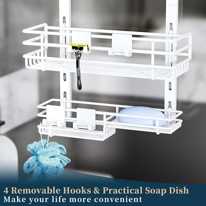 Consumest Over The Door Shower Caddy - 5 Tier Adjustable Shower Organizer Hanging with 2 Toothbrush Holders & 4 Hooks, Rustproof Organizer Shelf, Storage Rack for Bathroom, White