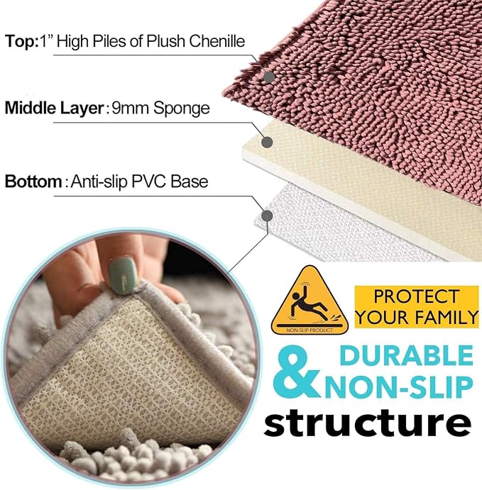 Chenille Bathroom Rugs Set 3 Piece Bath Mats for Bathoom Non-Slip Luxury Bathroom Rug Extra Soft and Absorbent Shaggy Rugs Washable Dry Plush Area Carpet