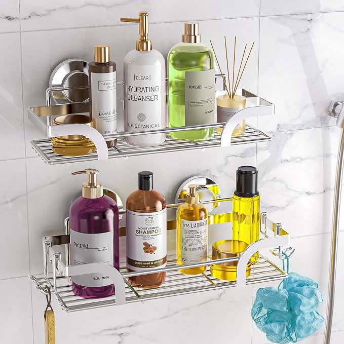 LEVERLOC Shower Caddy Suction Cup 2 Pack, Shower Shelf for Inside, Large Capacity Bathroom Organizers and Storage, Rustproof & Waterproof Metal Bath Basket, Silver