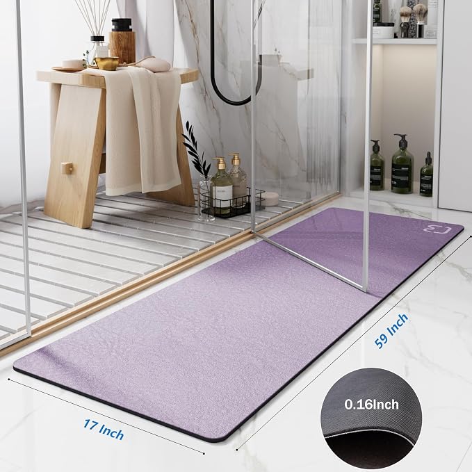 RUERYA Diatomaceous Earth Bath Mat 17" x 59" Extra Long Bathroom Mat Large Fast Dry Super Absorbent Non-Slip Rubber Backed Shower Mat Bath Rugs Mats for Bathroom Floor, Tub, Shower, Sink, Lavender