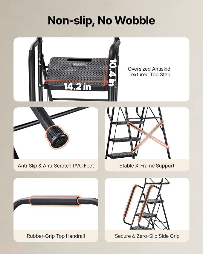 VEVOR 5 Step Ladder, Folding Step Stool with Wide Anti-Slip Pedal, Tool Tray, Dual Side Handrails, Portable Steel Ladder, Multi-Use for Kitchen, Home, Household and Office, Black