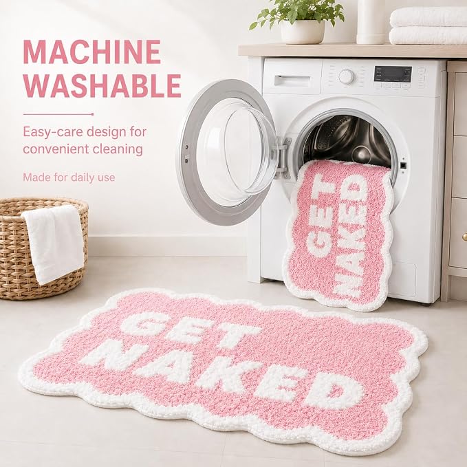 Scalloped Pink Bath Rug, Get Naked Cute Bathroom Rug, Soft Absorbent Quick Dry Bath Mat, TPR Non Slip Backing, Microfiber Mat for Shower Tub Sink Vanity 20" x 31.5"