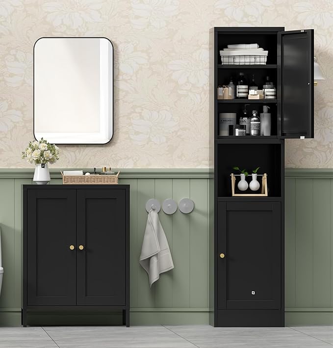 Bevivog Metal Bathroom Storage Cabinet Freestanding, 67" Tall Narrow Pantry Cabinet with Shelves for Kitchen, Skinny Metal Pantry with Hutch, 16" Wide Slim Cabinet for Small Spaces